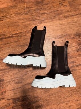 Bottega Veneta Black Leather Lace-Up Chelsea Boots with Light Blue Platform